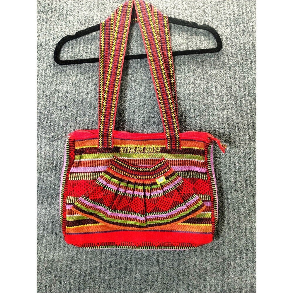 Riviera Maya Mexico Bright Multicolor Woven Zip Straps Tote Bag Purse Souvenir